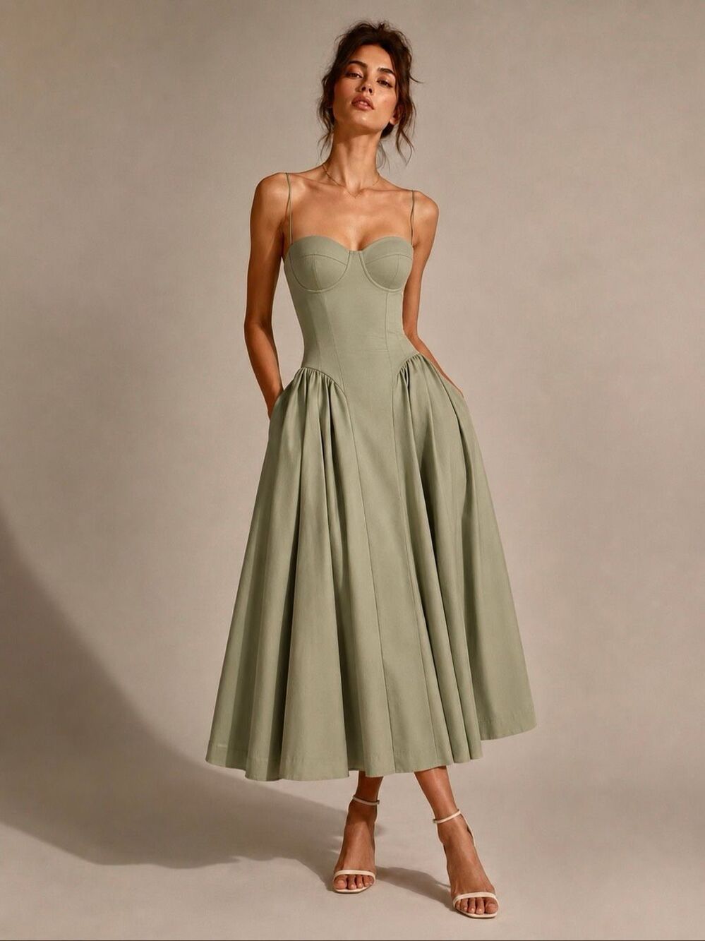NWT House of CB Samaria Elm Taupe Corset Midi Dress M Romantic Coquette Wedding - Picture 3 of 16